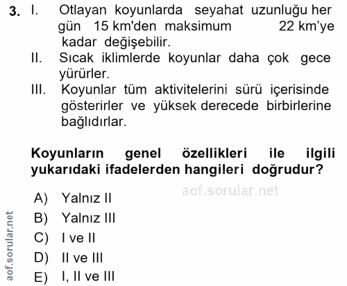 3. soru: I. Otlayan koyunlarda seyahat uzunluğu her gün 15 km'den maksimum 22 km'ye kadar değişebilir. II. Sıcak iklimlerde ko…