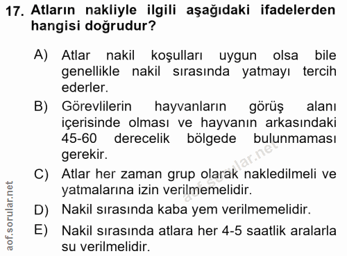 17. soru: Atların nakliyle ilgili aşağıdaki ifadelerden hangisi doğrudur? A) Atlar nakil koşulları uygun olsa bile genellikle n…