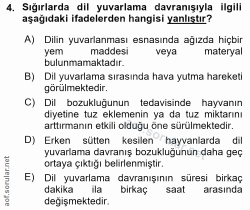 4. soru: Sığırlarda dil yuvarlama davranışıyla ilgili aşağıdaki ifadelerden hangisi yanlıştır? A) Dilin yuvarlanması esnasında…