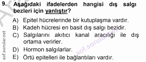 9. soru: Aşağıdaki ifadelerden hangisi dış salgı bezleri için yanlıştır? A) Epitel hücrelerinde bir kutuplaşma vardır. B) Kade…