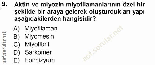 9. soru: Aktin ve miyozin miyofilamanlarının özel bir şekilde bir araya gelerek oluşturdukları yapı aşağıdakilerden hangisidir…