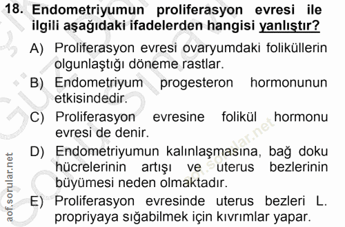18. soru: Endometriyumun proliferasyon evresi ile ilgili aşağıdaki ifadelerden hangisi yanlıştır? A) Proliferasyon evresi ovary…