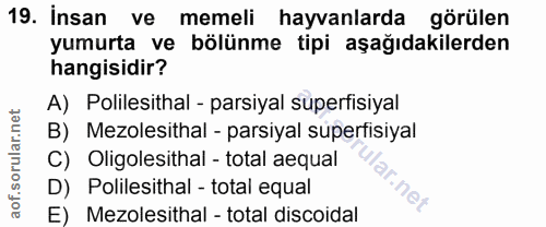 19. soru: Insan ve memeli hayvanlarda görülen yumurta ve bölünme tipi aşağıdakilerden hangisidir? A) Polilesithal - parsiyal su…