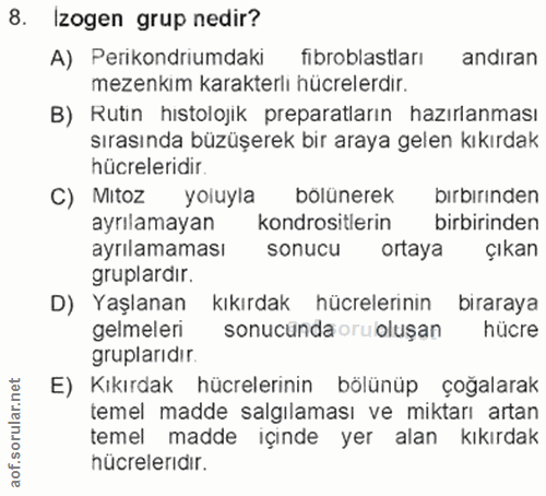 8. soru: Izogen grup nedir? A) Perikondriumdaki fibroblastları andiran mezenkim karakterli hücrelerdir. B) Rutin histolojik pr…