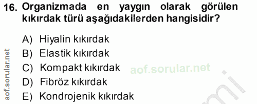 16. soru: Organizmada en yaygın olarak görülen kıkırdak türü aşağıdakilerden hangisidir? A) Hiyalin kıkırdak B) Elastik kıkırda…