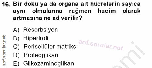 16. soru: Bir doku ya da organa ait hücrelerin sayıca aynı olmalarına rağmen l hacim olarak artmasına ne ad verilir? A) Resorbs…