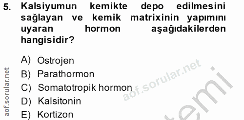 5. soru: Kalsiyumun kemikte depo edilmesini sağlayan ve kemik matrixinin yapımını uyaran hormon aşağıdakilerden hangisidir? A)…