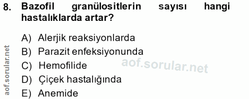 8. soru: Bazofil granülositlerin sayısı hangi hastalıklarda artar? A) Alerjik reaksiyonlarda B) Parazit enfeksiyonunda C) Hemo…