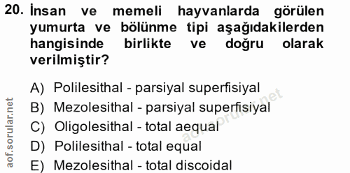 20. soru: Insan ve memeli hayvanlarda görülen yumurta ve bölünme tipi aşağıdakilerden hangisinde birlikte ve doğru olarak veril…