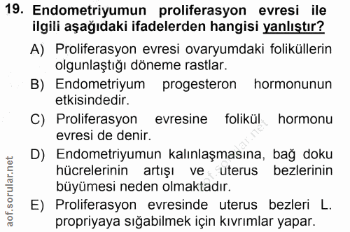19. soru: Endometriyumun proliferasyon evresi ile ilgili aşağıdaki ifadelerden hangisi yanlıştır? A) Proliferasyon evresi ovary…