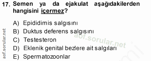 17. soru: Semen ya da ejakulat aşağıdakilerden hangisini içermez? A) Epididimis salgısını B) Duktus deferens salgısını C) Teste…