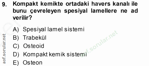 9. soru: Kompakt kemikte ortadaki havers kanalı ile bunu çevreleyen spesiyal lamellere ne ad verilir? A) Spesiyal lamel sistem…
