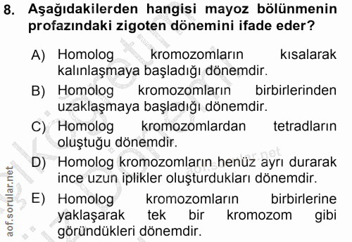 8. soru: Aşağıdakilerden hangisi mayoz bölünmenin profazındaki zigoten dönemini ifade eder? A) Homolog kromozomların kısalarak…