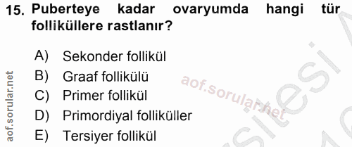 15. soru: Puberteye kadar ovaryumda hangi tür folliküllere rastlanır? A) Sekonder follikül B) Graaf follikülü C) Primer follikü…