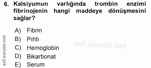 6. soru: Kalsiyumun varlığında trombin enzimi fibrinojenin hangi maddeye dönüşmesini sağlar? A) Fibrin B) Pıhti C) Hemoglobin…