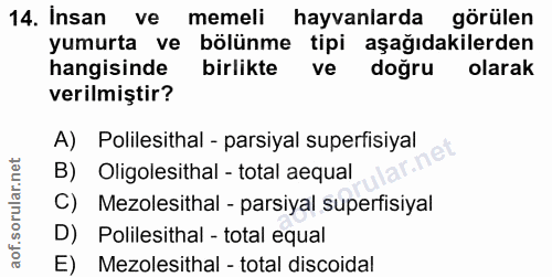 14. soru: Insan ve memeli hayvanlarda görülen yumurta ve bölünme tipi aşağıdakilerden hangisinde birlikte ve doğru olarak veril…