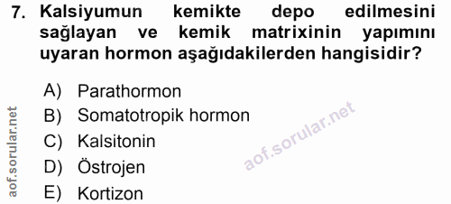 7. soru: Kalsiyumun kemikte depo edilmesini sağlayan ve kemik matrixinin yapımını uyaran hormon aşağıdakilerden hangisidir? A)…