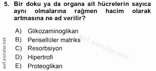 5. soru: Bir doku ya da organa ait hücrelerin sayıca aynı olmalarına ragmen hacim olarak artmasına ne ad verilir? A) Glikozami…