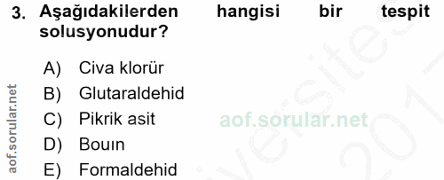 3. soru: Aşağıdakilerden hangisi bir tespit solusyonudur? A) Civa klorür B) Glutaraldehid Pikrik asit D) Bouin E) Formaldehid