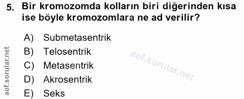 5. soru: Bir kromozomda kolların biri diğerinden kısa ise böyle kromozomlara ne ad verilir? A) Submetasentrik B) Telosentrik C…