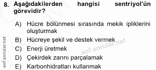 8. soru: Aşağıdakilerden hangisi sentriyol'ün görevidir? A) Hücre bölünmesi sırasında mekik ipliklerini oluşturmak B) Hücreye…