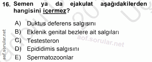 16. soru: Semen ya da ejakulat aşağıdakilerden hangisini icermez? A) Duktus deferens salgısinı B) Eklenik genital bezlere ait s…