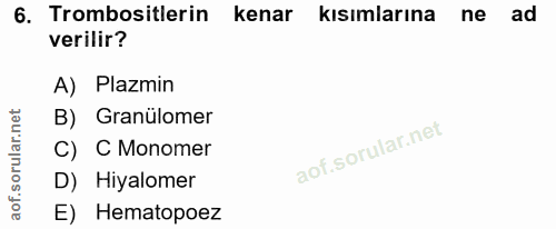 6. soru: Trombositlerin kenar kısımlarına ne ad verilir? A) Plazmin B) Granülomer C) C Monomer D) Hiyalomer E) Hematopoez