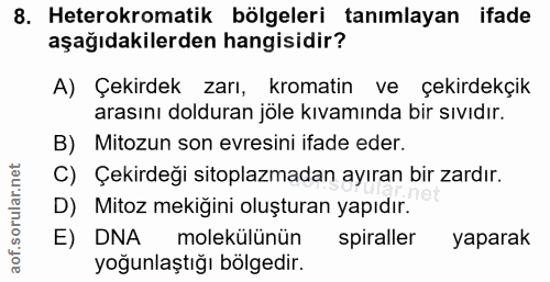 8. soru: Heterokromatik bölgeleri tanımlayan ifade aşağıdakilerden hangisidir? A) Çekirdek zarı, kromatin ve çekirdekçik arası…