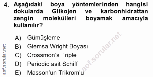 4. soru: Aşağıdaki boya yöntemlerinden hangisi dokularda Glikojen ve karbonhidrattan zengin molekülleri boyamak amacıyla kulla…