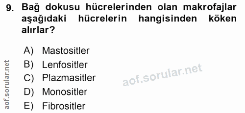 9. soru: Bağ dokusu hücrelerinden olan makrofajlar aşağıdaki hücrelerin hangisinden köken alırlar? A) Mastositler B) Lenfositl…