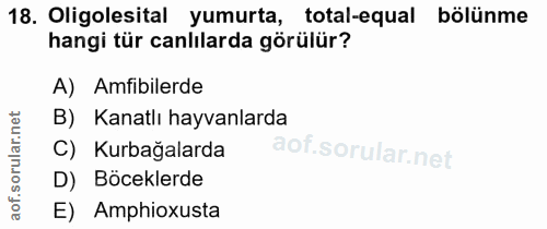 18. soru: Oligolesital yumurta, total-equal bölünme hangi tür canlılarda görülür? A) Amfibilerde B) Kanatlı hayvanlarda C) Kurb…