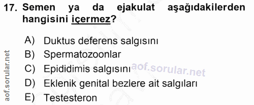 17. soru: Semen ya da ejakulat aşağıdakilerden hangisini içermez? A) Duktus deferens salgısını B) Spermatozoonlar C) Epididimis…