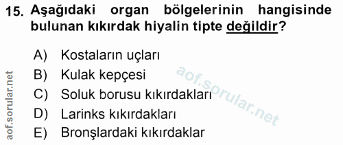 15. soru: Aşağıdaki organ bölgelerinin hangisinde bulunan kıkırdak hiyalin tipte değildir? A) Kostaların uçları C) Soluk borusu…