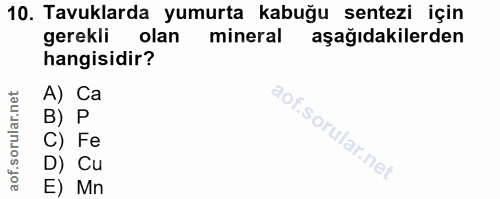 10. soru: Tavuklarda yumurta kabuğu sentezi için gerekli olan mineral aşağıdakilerden hangisidir? A) Ca B) P C) Fe D) Cu E) Mn
