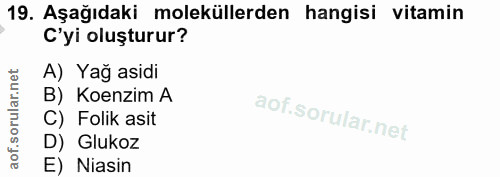 19. soru: Aşağıdaki moleküllerden hangisi vitamin C'yi oluşturur? A) Yağ asidi B) Koenzim A C) Folik asit D) Glukoz E) Niasin