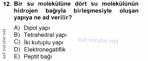 12. soru: Bir su molekülüne dört su molekülünün hidrojen bağıyla birleşmesiyle oluşan yapıya ne ad verilir? A) Dipol yapı B) Te…