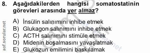 8. soru: Aşağıdakilerden hangisi somatostatinin görevleri arasında yer almaz? A) Insülin salınımını inhibe etmek B) Glukagon s…