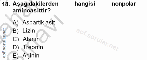 18. soru: Aşağıdakilerden hangisi nonpolar aminoasittir? A) Aspartik asit B) Lizin C) Alanin D) Treonin E) Arjinin