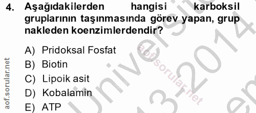 4. soru: Aşağıdakilerden hangisı karboksil gruplarının taşınmasında görev yapan, grup nakleden koenzimlerdendir? A) Pridoksal…
