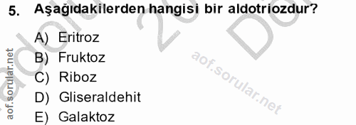 5. soru: Aşağıdakilerden hangisi bir aldotriozdur? A) Eritroz B) Fruktoz C) Riboz D) Gliseraldehit E) Galaktoz