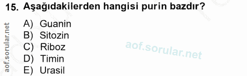 15. soru: Aşağıdakilerden hangisi purin bazdır? A) Guanin B) Sitozin C) Riboz D) Timin E) Urasil