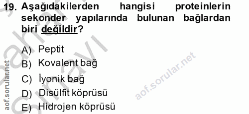 19. soru: Aşağıdakilerden hangisi proteinlerin sekonder yapılarında bulunan bağlardan biri değildir? A) Peptit B) Kovalent bağ…