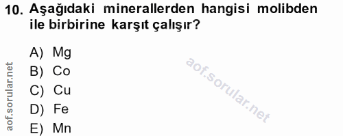 10. soru: Aşağıdaki minerallerden hangisi molibden ile birbirine karşıt çalışır? A) Mg B) Co C) Cu D) Fe E) Mn