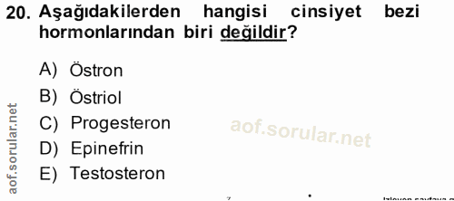 20. soru: Aşağıdakilerden hangisi cinsiyet bezi hormonlarından biri değildir? A) Ostron B) Östriol C) Progesteron D) Epinefrin…