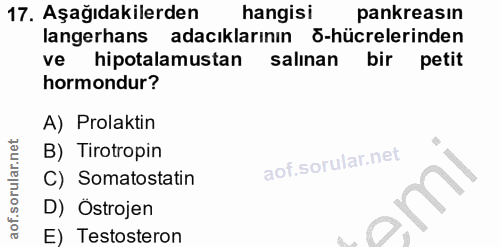 17. soru: Aşağıdakilerden hangisi pankreasın langerhans adacıklarının 5-hücrelerinden ve hipotalamustan salınan bir petit hormo…