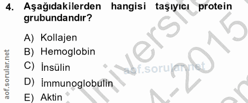 4. soru: Aşagıdakilerden hangisi taşıyıcı protein grubundandır? A) Kollajen B) Hemoglobin C) İnsülin adf.soruper D) İmmunoglob…