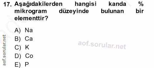 17. soru: Aşağıdakilerden hangisi kanda mikrogram düzeyinde bulunan bir elementtir? A) Na B) Ca C) K D) Co E) P