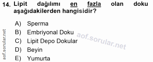 14. soru: Lipit dağılımı en fazla olan doku aşağıdakilerden hangisidir? A) Sperma B) Embriyonal Doku Lipit Depo Dokular D) Beyi…