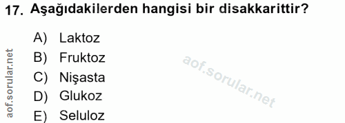 17. soru: Aşağıdakilerden hangisi bir disakkarittir? A) Laktoz rular.net B) Fruktoz C) Nişasta aof.s D) Glukoz E) Seluloz