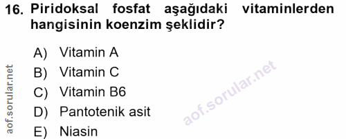 16. soru: Piridoksal fosfat aşağıdaki vitaminlerden hangisinin koenzim şeklidir? A) Vitamin A B) Vitamin C C) Vitamin B6 D) Pan…